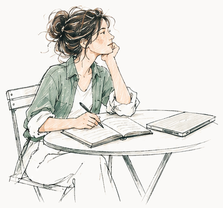 Pencil and watercolour sketch of a woman at a small round table, pen resting on an open notebook, a closed laptop beside her.