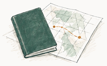 Sketch of a green passport lying on a folded map, a dotted route marked across it.
