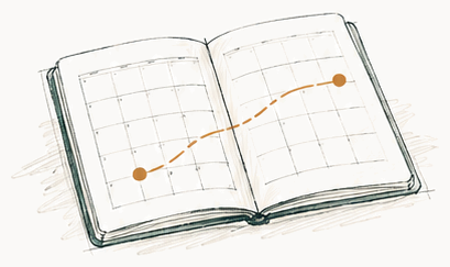 Sketch of an open journal with a calendar grid, a dotted line joining two marked days.
