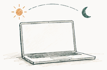 Sketch of an open laptop under a dashed arc running from a sun to a crescent moon.